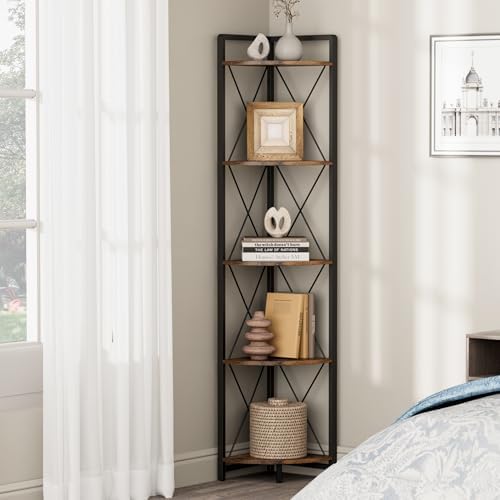 5 Tier Corner Shelf Stand, 64" H Tall Corner Bookshelf, Rustic Brown - Image 7