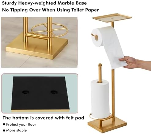 Toilet Paper Holder with Tray At the Top, Heavy-Weighted Base No Wobbly, Freestanding Toilet Paper Rolls Stand, Hold Extra 3 Paper Rolls On the Base (Gold) - Image 4