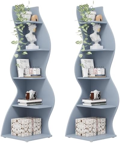 Tribesigns Corner Shelf, Modern 5-Tier Wall Corner Bookshelf, Stylish Corner Small Bookcase Storage Rack Plant Stand with Unique Shape for Living Room, Home Office (Blue, 2PCS) by Tribesigns