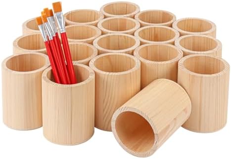 18 Pack Round Unfinished Wooden Pencil Holder, 3 x 3 x 4 Inch Wood Pencil Cup Holder, Wood Crafts Pencil Cup for Desk, Office, DIY Project by IHDYPPEW