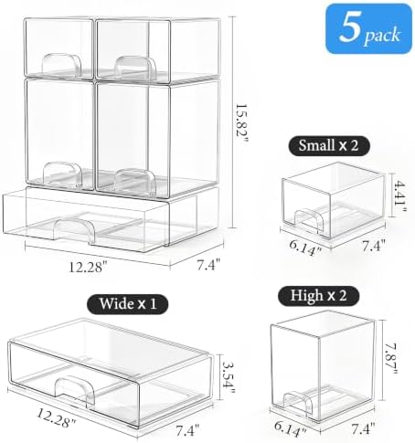 Clear Stackable Storage Drawers Set of 5 Bathroom Makeup Organizer Bins - Image 2