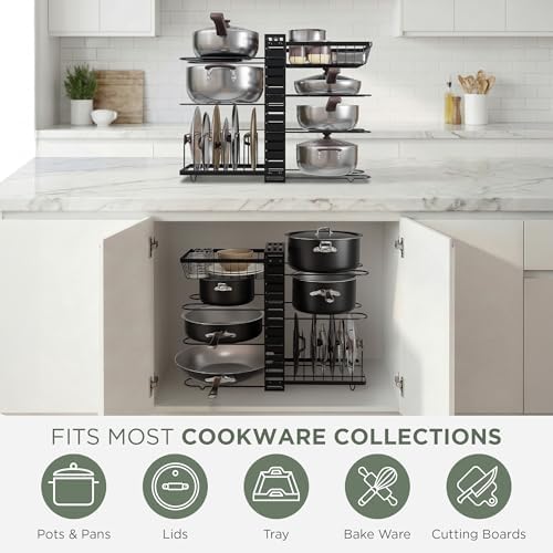 7-Tier Pots and Pans Organizer Under Cabinet - Cooking Pot Lid Organizer for Cabinet with Basket for Utensils, Lid Rack - Adjustable Vertical Holder Cookware Storage, Steel Pot Rack for Kitchen - Image 6