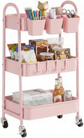danpinera 3-Tier Rolling Cart, Utility Cart Mobile Metal Rolling Storage Cart with Lockable Wheels & Hanging Cups & Hooks for Kitchen, Bathroom, Office, Workshop, Pink by danpinera