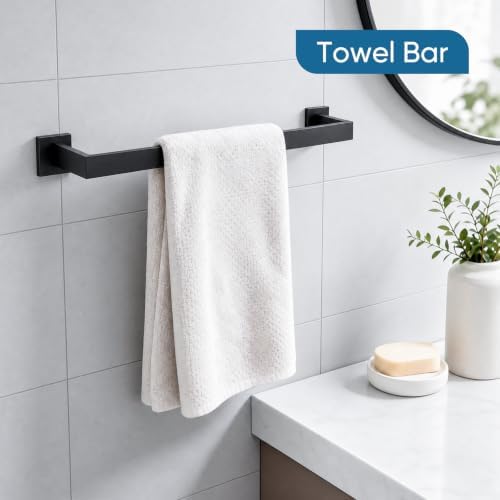 VELIMAX Mattle Black Towel Bar, SUS304 Stainless Steel Bathroom Hardware Set, Towel Racks for Bathroom Wall Mounted 16-Inches - Image 3