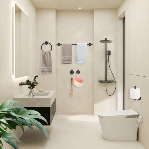 Matte Black Bathroom Hardware Set, Modern 24-Inch Towel Bar Set Wall Mounted, Towel Rack Set Black,Stainless Steel Bathroom Accessories Set Black,5-Pieces - Image 6