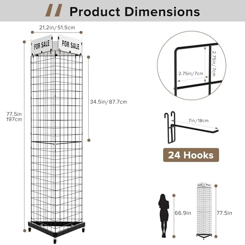 Urban Deco Rolling Grid Wall Display Stand with 24 Hooks, 21"x77" - Image 4