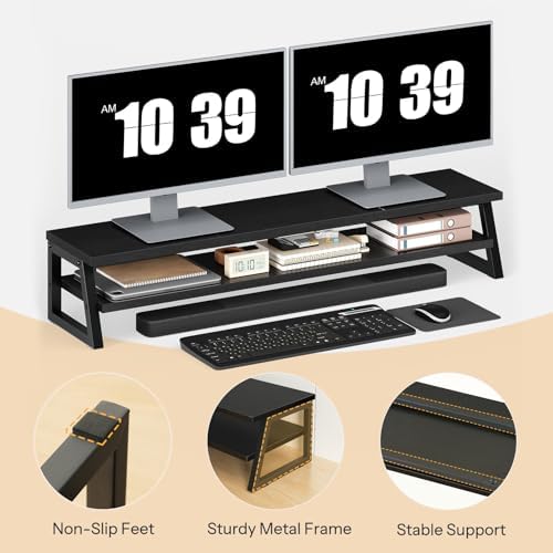 HOOBRO 2-Tier Dual Monitor Stand Riser, 39 Inch Large Computer Monitor Stand for 2 Monitors, Computer Monitor Riser, Desk Shelf Organizer for Office Desk, Accessories, Black BB122CJ01 - Image 4