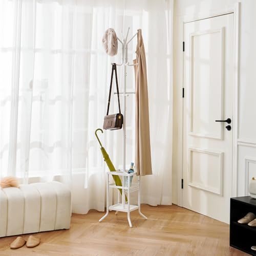 Yoobure Coat Rack Freestanding - Coat Tree with Umbrella Holder, Metal Coat Rack Stand with 12 Hooks, Modern Coat Hanger Stand for Entryway, Purse Rack Hat Rack Stand for Living Room Bedroom Office - Image 2
