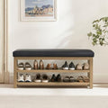 Zihanhome Shoe Rack Bench with Leather Cushion, 2 Tier Solid Wood Storage Bench, Mid-Century Modern Shoe Bench for Entryway, Hallway, Closet, Front Door Entrance, Foyer (Black, 46.5) by Zihanhome