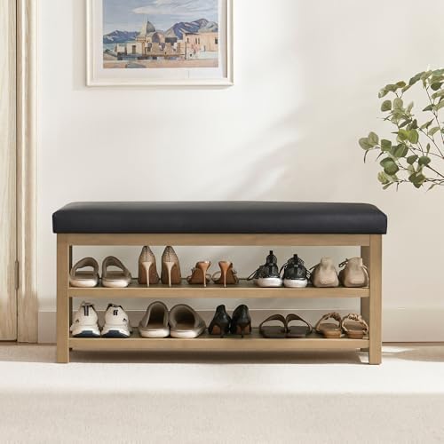 Zihanhome Shoe Rack Bench with Leather Cushion, 2 Tier Solid Wood Storage Bench, Mid-Century Modern Shoe Bench for Entryway, Hallway, Closet, Front Door Entrance, Foyer (Black, 46.5) by Zihanhome