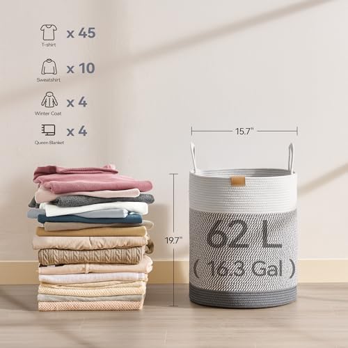 Nunsino Laundry Hamper 62L,Large Laundry Basket for Clothes,Decorative Storage Basket for Blankets,Cotton Rope Woven basket for bedroom,Grey White - Image 6