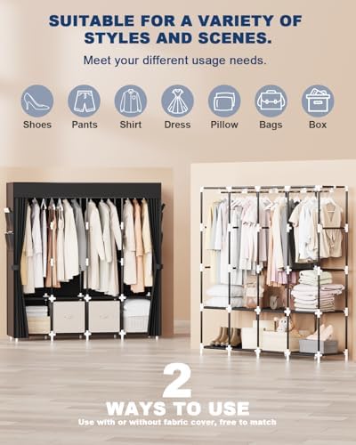 Mavivegue Clothes Organizer with 4 Hanging Rods, Portable Closet Wardrobe, Non-Woven Fabric Cover, Large Capacity Storage for Bedroom and Living Room,Black, 67" W x 17" D x 67" H - Image 6