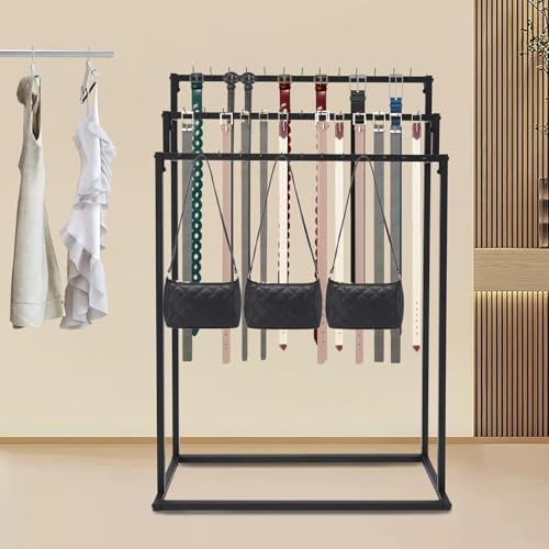 Floor Mounted Belt Hanger - Black, 3-Tier Metal Belt Display Stand with 39 Hooks, Freestanding Tie Scarf Rack Organizer for Men Closet Clothing Retail Store, 39.4"x15.7"x59.1" (100x40x150cm) - Image 2