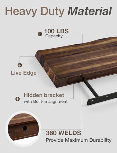 BATODA Wooden Floating Shelves for Wall, 17" Acacia Live Edge, Set of 2 Pcs - Image 4
