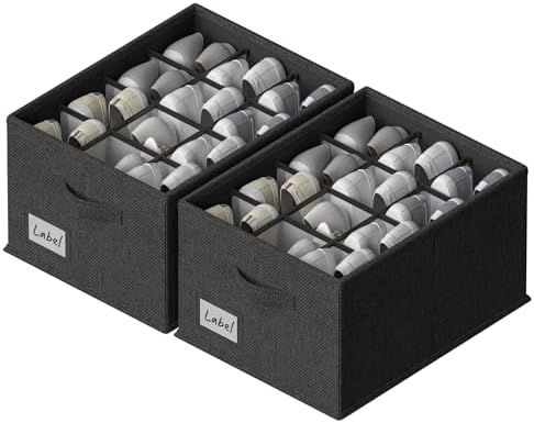 FHSQX 2 Pack Shoe Organizer for Closet,Fits up to 24 Pairs,Fabric Shoe Storage Bins,Large Shoe Box Storage Containers with Bottom Support for Shoes (Black, (16.5 * 12.6 * 9.5) x1) by FHSQX