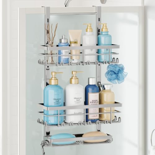SWTYMIKI Over The Door Shower Caddy - 3 Tier Rustproof Hanging Shower Organizer with Adjustable Shelves, 28 Hooks & Soap Holder, Hanging Shower Rack Storage for Bathroom Accessories, Silver by SwtyMiki-TidyHomeSweetLife