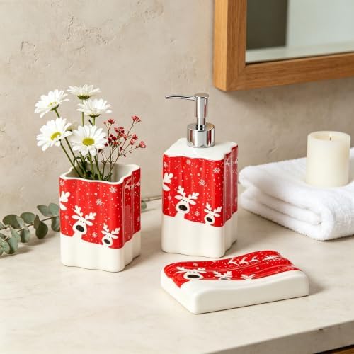 Christmas Reindeer Bathroom Accessories,3-Piece Ceramic Bathroom Accessory Set with Soap Dish, Dispenser, and Tumbler, Red - Image 4