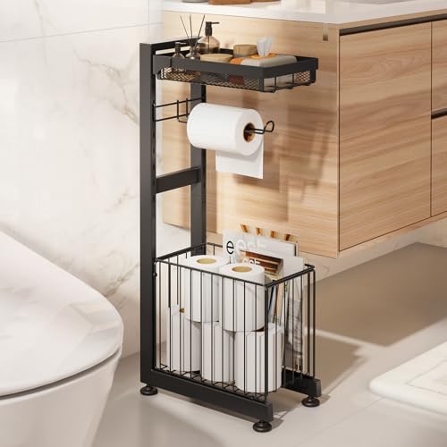 Toilet Paper Holder Stand with Storage Shelf - Multi Tier Metal Toilet Paper Stand with Large Basket for Tissue Rolls, Wipes (Black) - Image 5