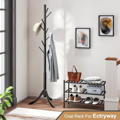 Coat Rack Freestanding, Coat Stands Entryway, Bamboo Coat Rack Hat Hanger 8 Hook for Jacket, Purse, Scarf Rack, Umbrella Tree Stand (Black) - Image 5