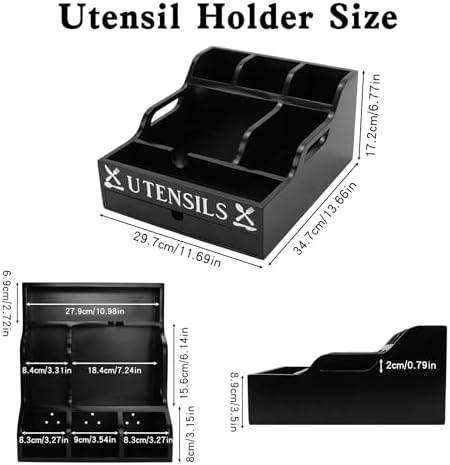 Kitchen Utensil Holder with Drawer, Farmhouse Spatula Organizer for Countertop,Large Capacity Flatware Spoon Forks Knives Cooking Tool Cutlery Holder for Party Picnic BBQ with 11 Compartments(Black) - Image 2