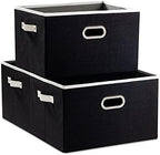 PRANDOM Larger Collapsible Storage Bins for Closet [3-pack] Decorative Linen Fabric Storage Baskets Cubes with Leather/Metal Handles for Living Room Black (17.3x12.2x10.4 Inch) by Prandom