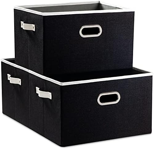 PRANDOM Larger Collapsible Storage Bins for Closet [3-pack] Decorative Linen Fabric Storage Baskets Cubes with Leather/Metal Handles for Living Room Black (17.3x12.2x10.4 Inch) by Prandom