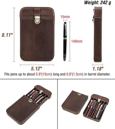 Top Grain Genuine Leather 6 Fountain Pen/Pencil Tray Case Holder, Handmade Minimalist Design, Brass Plug-in Lock with Drawer Design, Gift Choice for Man/Woman/Office, Matte Coffee, 6 Slots - Image 5