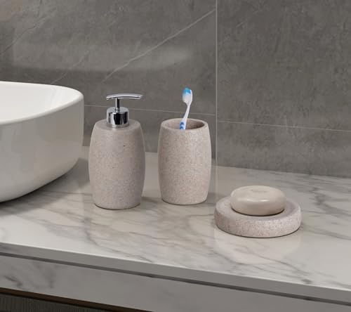 Clasin Home Beige Bathroom Accessories Set 3 PC, Resin Sandstone Look Soap Dispenser, Toothbrush Cup, Soap Dish, Bathroom Soap Dispenser Set for Home Decor and Kitchen - Image 2