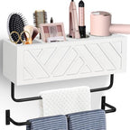 Hair Tool Organizer Wall Mount, Hair Dryer Holder with 2 Towel Bars, Wood Hot Tools Organizer, Rustic Bathroom Organizer Blow Dryer Holder for Bathroom Decor, Flat Iron, Curling Wand, Brushes(White) by Jorkol
