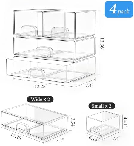 Clear Stackable Storage Drawers Set of 4 Bathroom Makeup Organizer Bins - Image 2