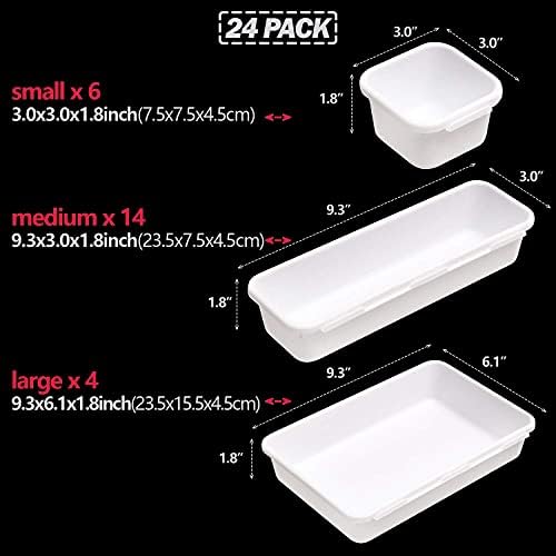 Set of 24 Interlocking Desk Drawer Organizer Tray Dividers Plastic Shallow Narrow Drawers Organizers Separators Storage Bins Container for Kitchen Bathroom Makeup Office Vanity Bedroom Dresser White - Image 2