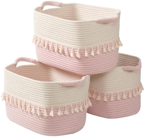TeoKJ Storage Baskets 3 Packs, Storage Basket for toys,Towel, Storage Bins, Woven Basket for Shelves Bedroom Laundry Nursery, White & Pink by TeoKJ