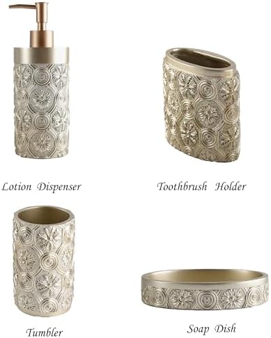 Hymmah Bathroom Accessories Set,Golden Design Toothbrush Holder,Farmhouse Bathroom Decor,4 Pcs Resin Gift Set Apartment Necessities, Contain Toothbrush Cup,Soap Dispenser,Soap Dish,Tumbler - Image 3