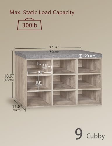 DINZI LVJ Shoe Storage Bench with Cushion, 31.5" Cubby Shoe Rack, 9 Cubbies - Image 3
