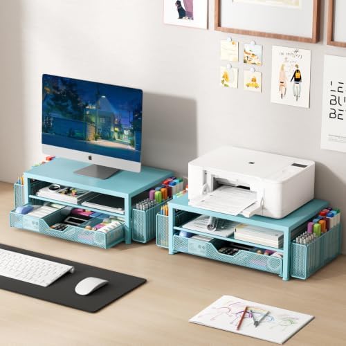 OPNICE Desk Organizers and Accessories, Computer Monitor Stand Riser with Drawer and 2 Pen Holders, Printer & Laptop Stand, Office Desk Accessories & Workspace Organizers for Home Office Supplies, Soft Blue - Image 6