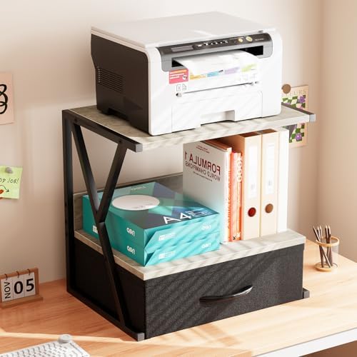 aboxoo Printer Stand for Desk with Storage Drawer, 2 Tier Desktop Or Under Desk Shelf, Multi-Purpose Desks Organizer for Home Office, fit Fax Machine/3D Printer/Scanner, Grey - Image 2