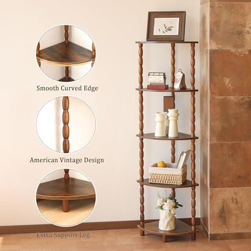 MaxSmeo Corner Shelf, 5-Tier Corner Bookshelf for Small Spaces, Stylish Corner Storage Display Shelves for Bedroom, Bathroom, Kitchen, Living Room (Rustic Brown) - Image 4
