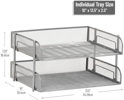 Mind Reader 2-Tier Stackable Paper Tray, Desktop Organizer for Letter-Size Documents, Office File Storage, Metal Mesh, Set of 2, Silver - Image 3