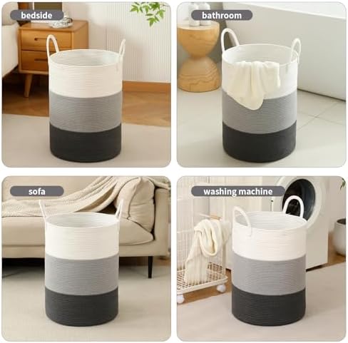 Laundry Basket Hamper Tall Rope Storage Woven for Blanket toys Dirty Clothes in Living Room Bathroom Bedroom (Gradient Grey, 60L/15.8Gal) - Image 5