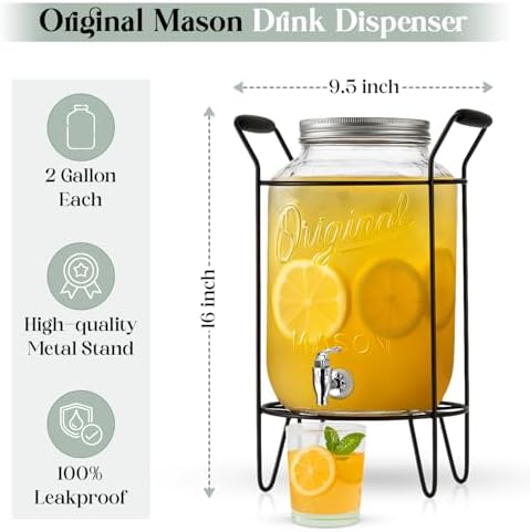 2 PACK-2 GALLON Drink Dispensers for Parties, Drink Dispensers for Parties, Original Mason Beverage Dispensers with Stand, Glass Water Jug Dispenser, 100% Leakproof Spigot - Image 4