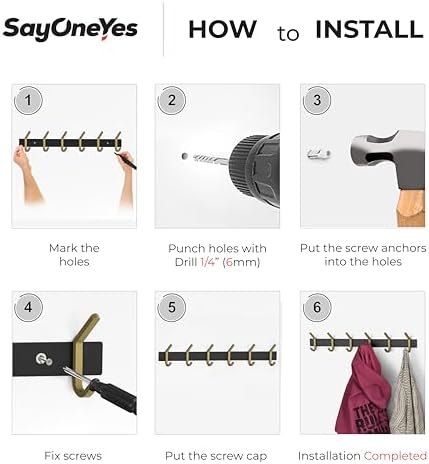 Coat Rack Wall Mount – Black and Gold Hook Rail with 6 Double Coat Hooks, 17 Inch Stainless Steel Wall Hooks for Entryway, Bathroom, Bedroom, Closet, Towel, Hat, Bag, Heavy Duty Organizer - 2 Pack - Image 7