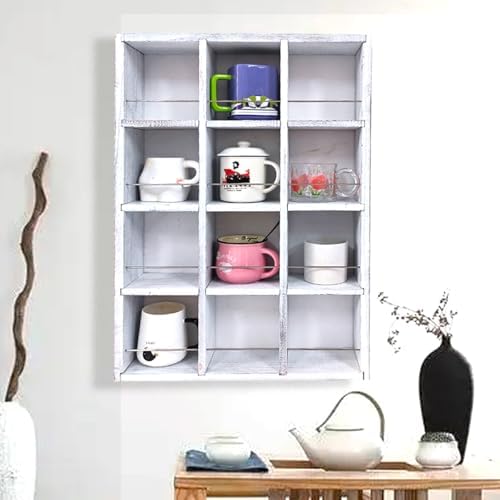 12 Grid coffee mug display shelf,17x25" Wooden cup shelf for wall, White - Image 6
