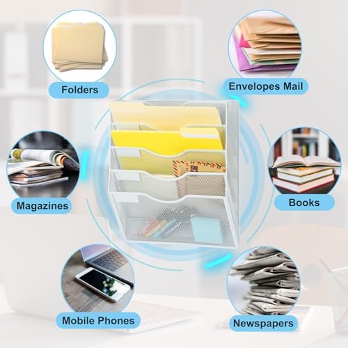 EASEPRES Magnetic 5 Pocket Mesh Hanging File Organizer, Wall Mounted Mail Paper Document Folder Holder, Clipboard Storage Organization Magazine Rack with Nametag Label for Office Home School, White - Image 4
