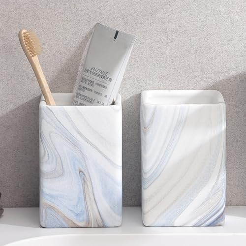 Ceramic Toothbrush Holders - Blue Marble Square Toothbrush Holders for Bathrooms, Toothbrush Cups, Toothpaste Organizer for Bathroom Countertop, Makeup Brush Holder, Pen Holder for Home Storage by BSDISP