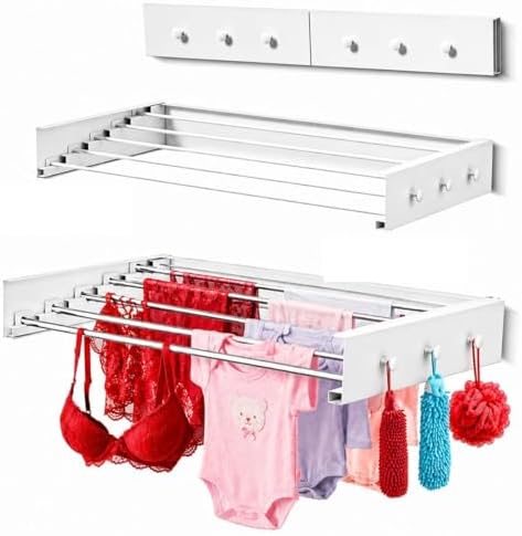 Wall Mounted Clothes Drying Rack - 31.5" Foldable Clothes Drying Rack Wall Mount, 5 Steel Rods With Knobs, Retractable Space-Saving Laundry Rack, Heavy Duty 60 lbs Capacity (Wall Template Included) by Unknown