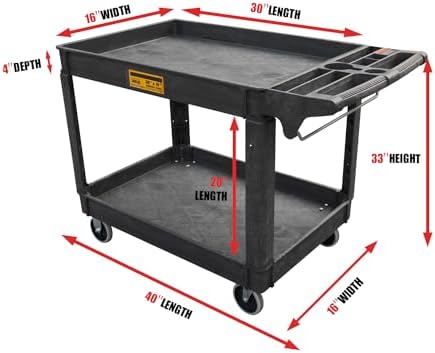 Utility Service Cart, 2-Shelf 500LBS Heavy Duty Plastic Rolling Utility Cart with 360° Swivel Wheels, Lipped Shelves, Ergonomic Storage Handle for Warehouse/Garage/Cleaning/Manufacturing - Image 3