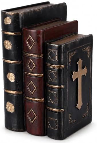 Decorative Bookends Vintage Cross Design, Resin Faux Book Stack Antique Shelf Decor, Antique Vintage Decoration for Home Office Library Old World Farmhouse Style by PlivBloom