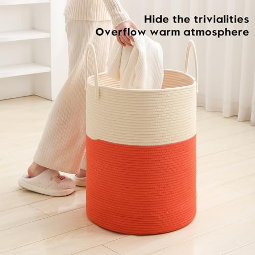 Woven Laundry Hamper Tall Rope Storage Basket for Blanket oys Dirty Clothes in Living Room Bathroom Bedroom (White&Orange, 80L/21.3Gal) - Image 2