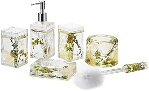Locco Decor 5 Piece Acrylic Liquid 4D Floating Motion Bathroom Vanity Accessory Set Garden Botanic Green Plants Toothbrush Holder, Tumbler, Soap Dispenser, Soap Dish, Toiletbrush Holder Set - Image 2