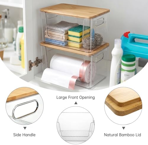 Trash Bag Holder 4 Pack, Stackable Garbage Bag Dispenser with Bamboo Lid, Large Capacity Under Sink Organizer for 13/30/33 Gallon Bags, Clear Storage Bins for Kitchen, Laundry Room, Pantry, Cabinet - Image 5
